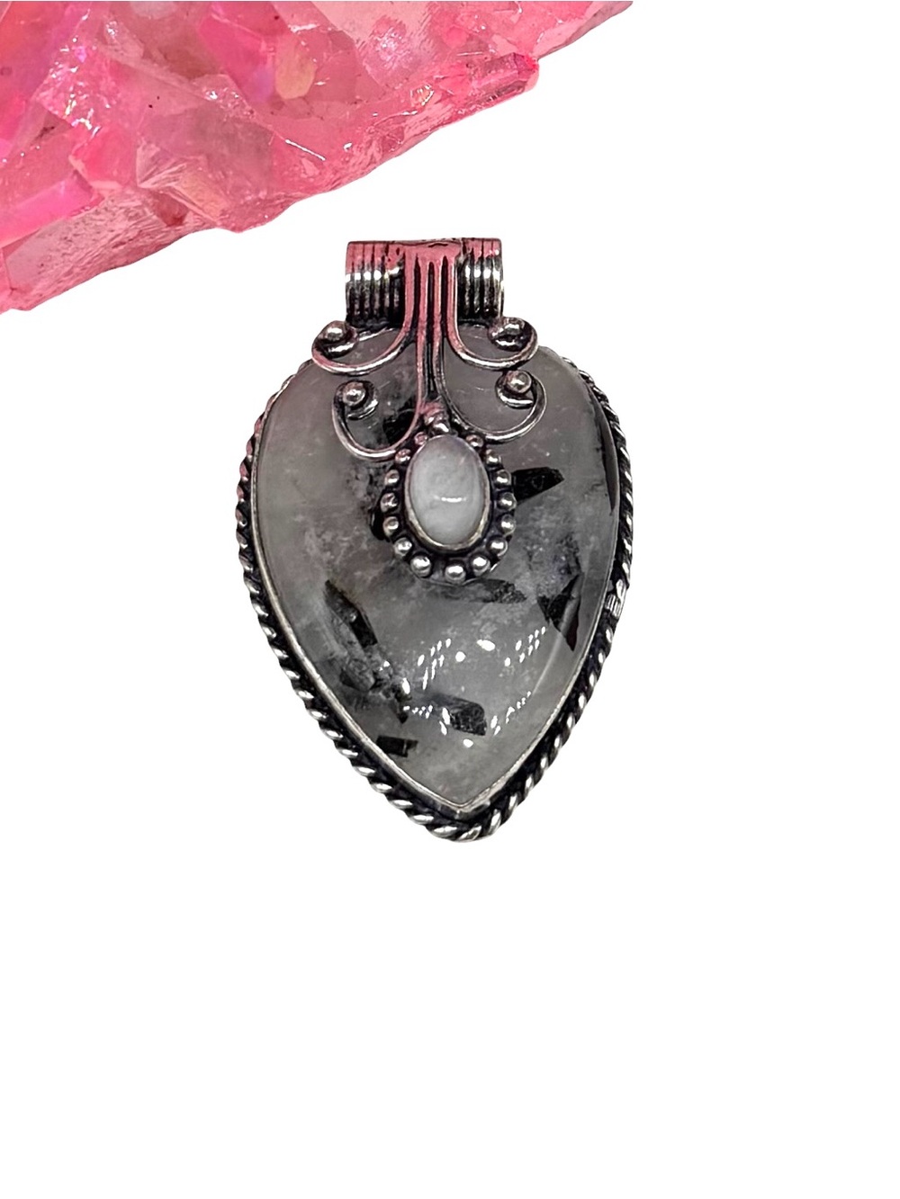 Rutilated Quartz Rainbow Moonstone Necklace Pendant 925 Sterling Silver Overlay